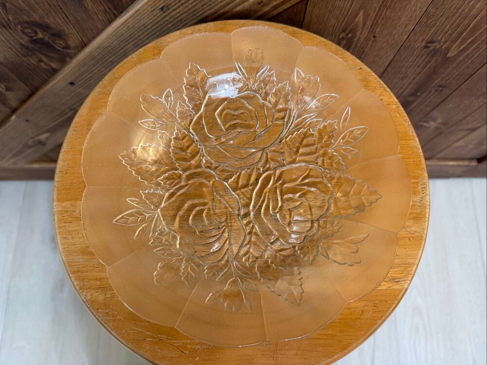 Vintage Frosted Glass Rose Floral Serving Platter Scalloped Edge Decorative Dish